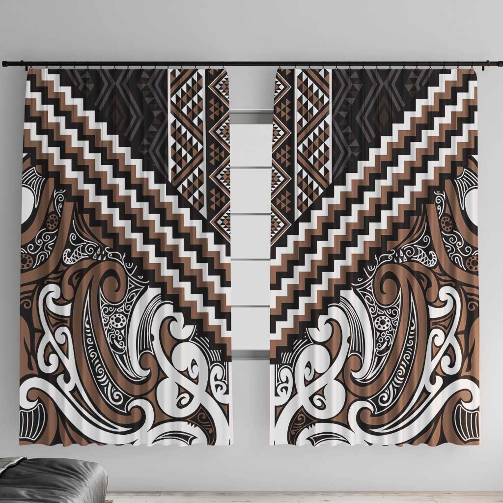 Maori Tukutuku Taniko Motifs Window Curtain Brown Poutama Mix Kowhaiwhai LT7 With Hooks Brown - Polynesian Pride