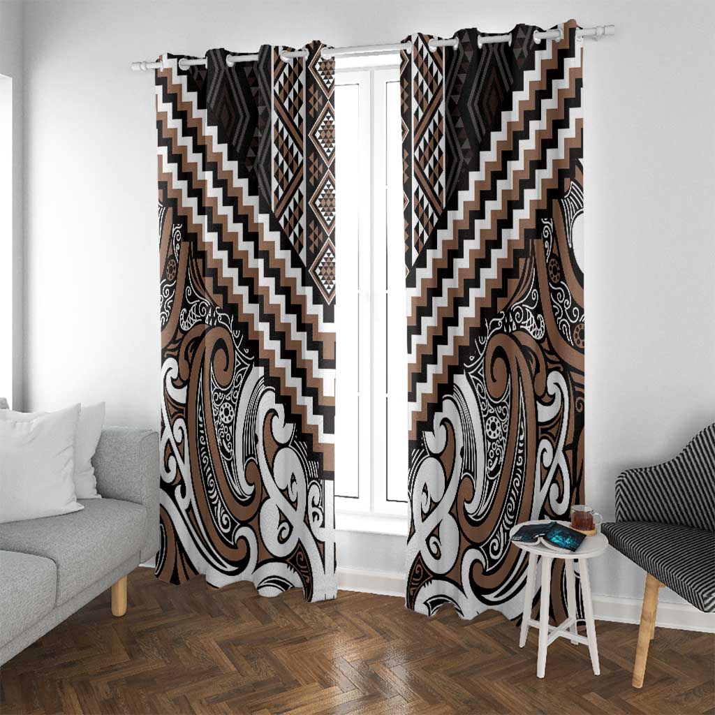 Maori Tukutuku Taniko Motifs Window Curtain Brown Poutama Mix Kowhaiwhai LT7 With Grommets Brown - Polynesian Pride
