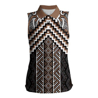 Maori Tukutuku Taniko Motifs Women Sleeveless Polo Shirt Brown Poutama Mix Kowhaiwhai LT7 Female Brown - Polynesian Pride