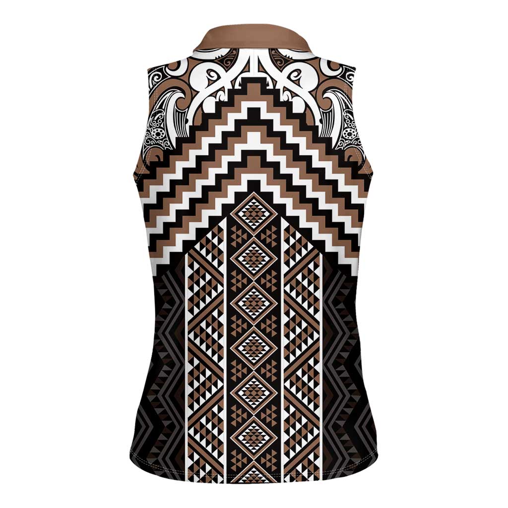 Maori Tukutuku Taniko Motifs Women Sleeveless Polo Shirt Brown Poutama Mix Kowhaiwhai LT7 - Polynesian Pride
