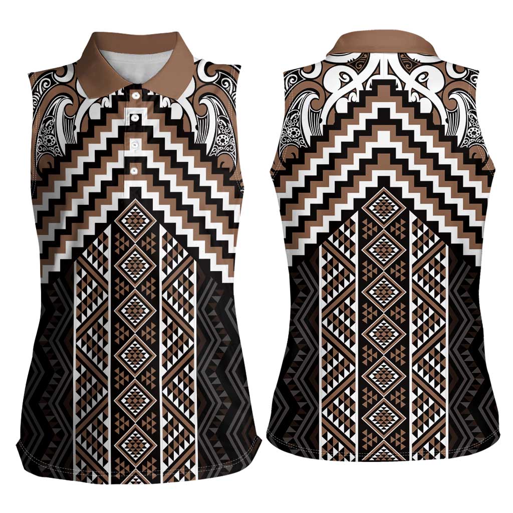 Maori Tukutuku Taniko Motifs Women Sleeveless Polo Shirt Brown Poutama Mix Kowhaiwhai LT7 - Polynesian Pride