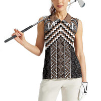 Maori Tukutuku Taniko Motifs Women Sleeveless Polo Shirt Brown Poutama Mix Kowhaiwhai LT7 - Polynesian Pride