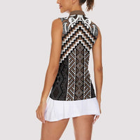 Maori Tukutuku Taniko Motifs Women Sleeveless Polo Shirt Brown Poutama Mix Kowhaiwhai LT7 - Polynesian Pride
