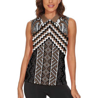 Maori Tukutuku Taniko Motifs Women Sleeveless Polo Shirt Brown Poutama Mix Kowhaiwhai LT7 - Polynesian Pride