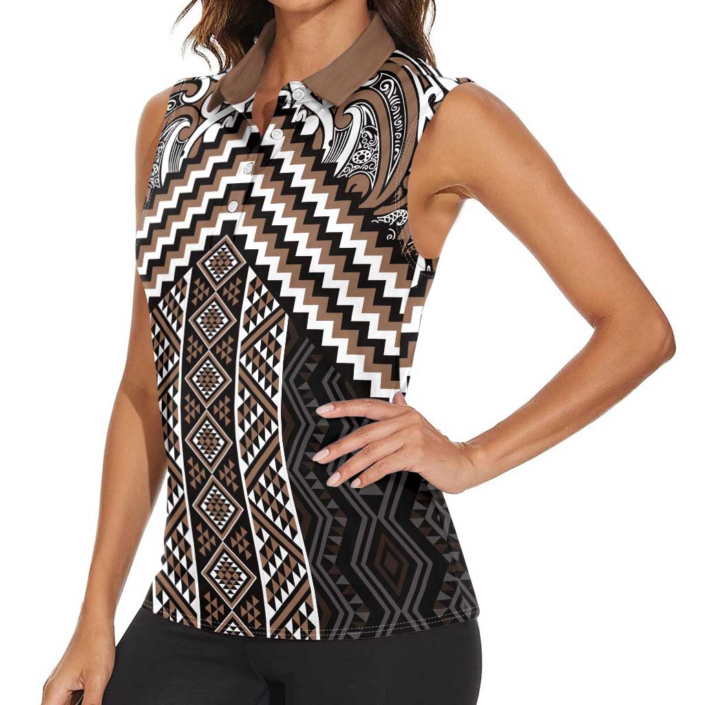 Maori Tukutuku Taniko Motifs Women Sleeveless Polo Shirt Brown Poutama Mix Kowhaiwhai LT7 - Polynesian Pride