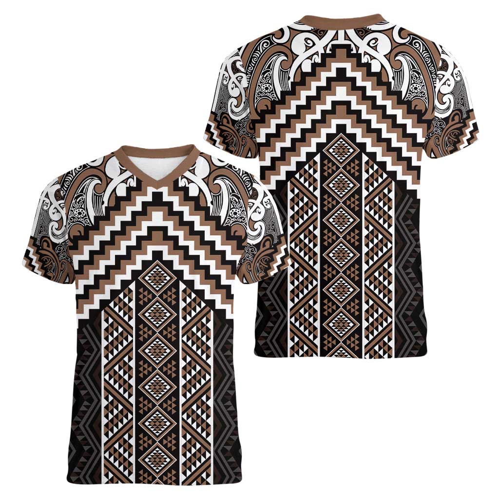 Maori Tukutuku Taniko Motifs Women V-Neck T-Shirt Brown Poutama Mix Kowhaiwhai LT7 - Polynesian Pride