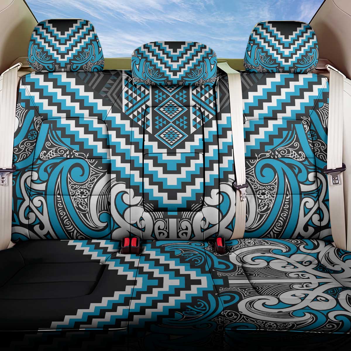 Maori Tukutuku Taniko Motifs Back Car Seat Cover Turquoise Poutama Mix Kowhaiwhai LT7 One Size Turquoise - Polynesian Pride