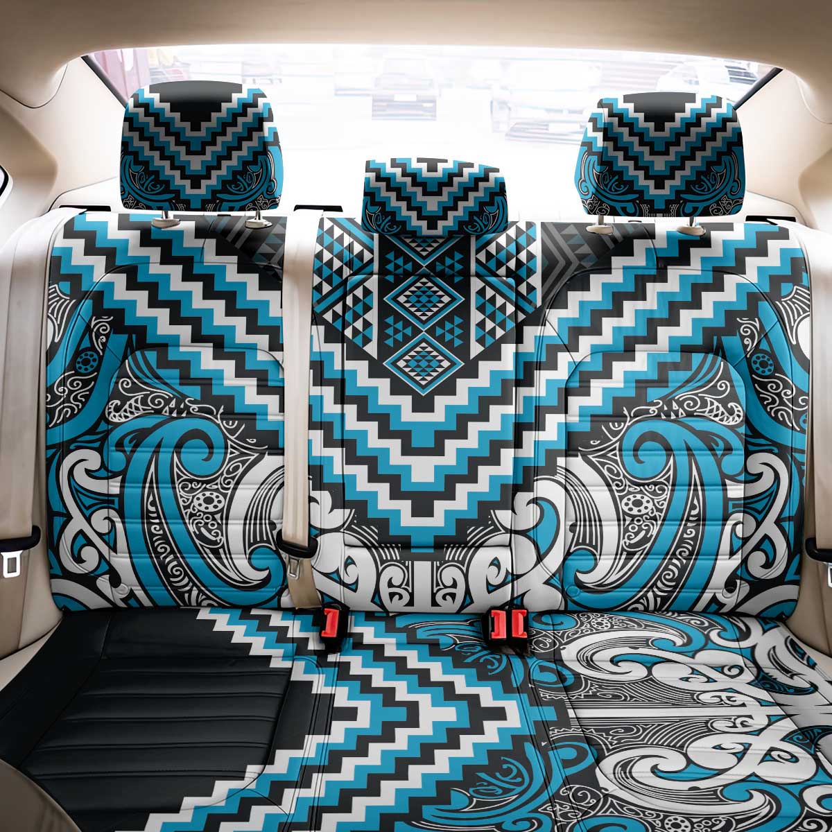 Maori Tukutuku Taniko Motifs Back Car Seat Cover Turquoise Poutama Mix Kowhaiwhai LT7 - Polynesian Pride