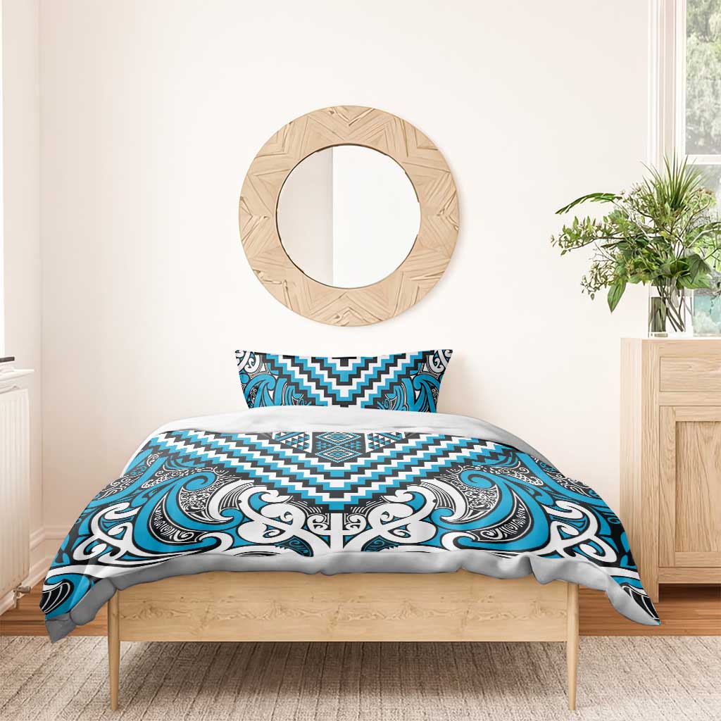 Maori Tukutuku Taniko Motifs Bedding Set Turquoise Poutama Mix Kowhaiwhai
