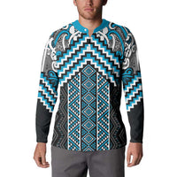Maori Tukutuku Taniko Motifs Button Sweatshirt Turquoise Poutama Mix Kowhaiwhai