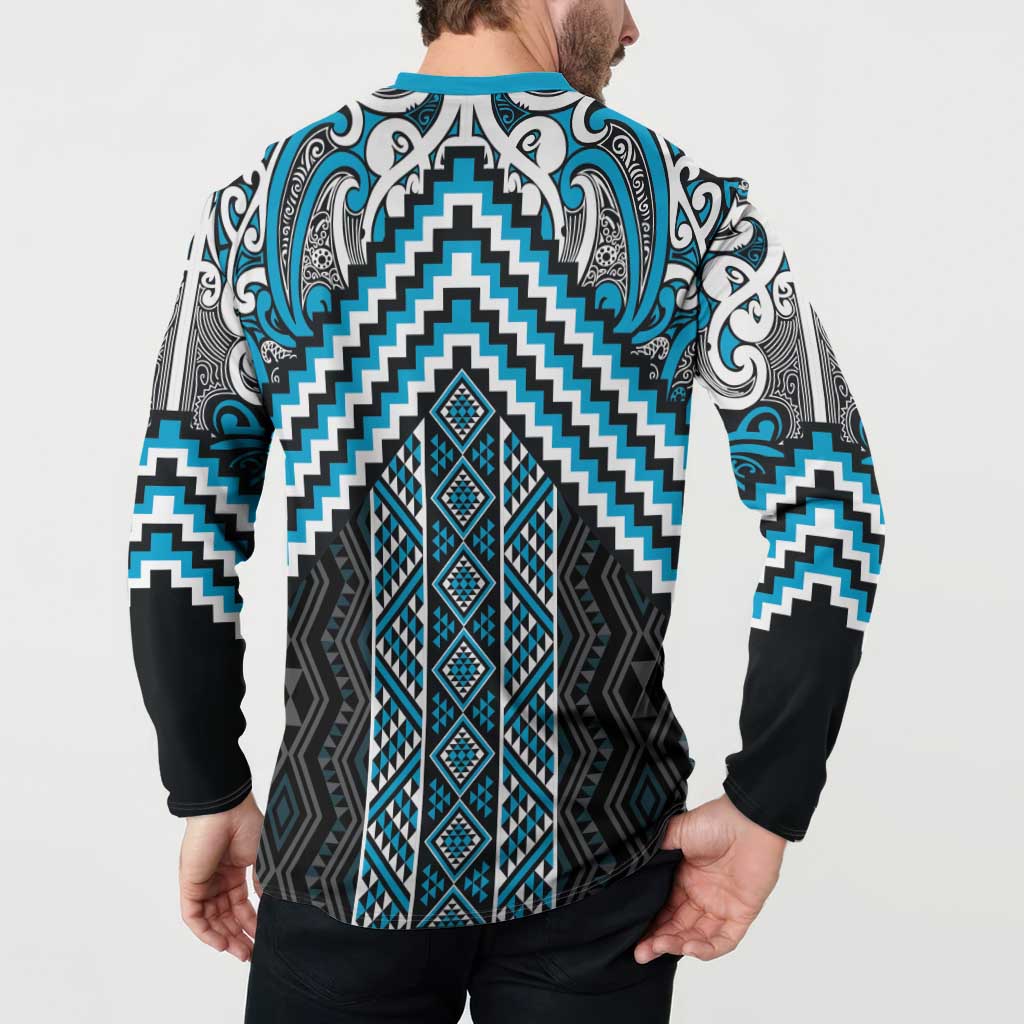 Maori Tukutuku Taniko Motifs Button Sweatshirt Turquoise Poutama Mix Kowhaiwhai