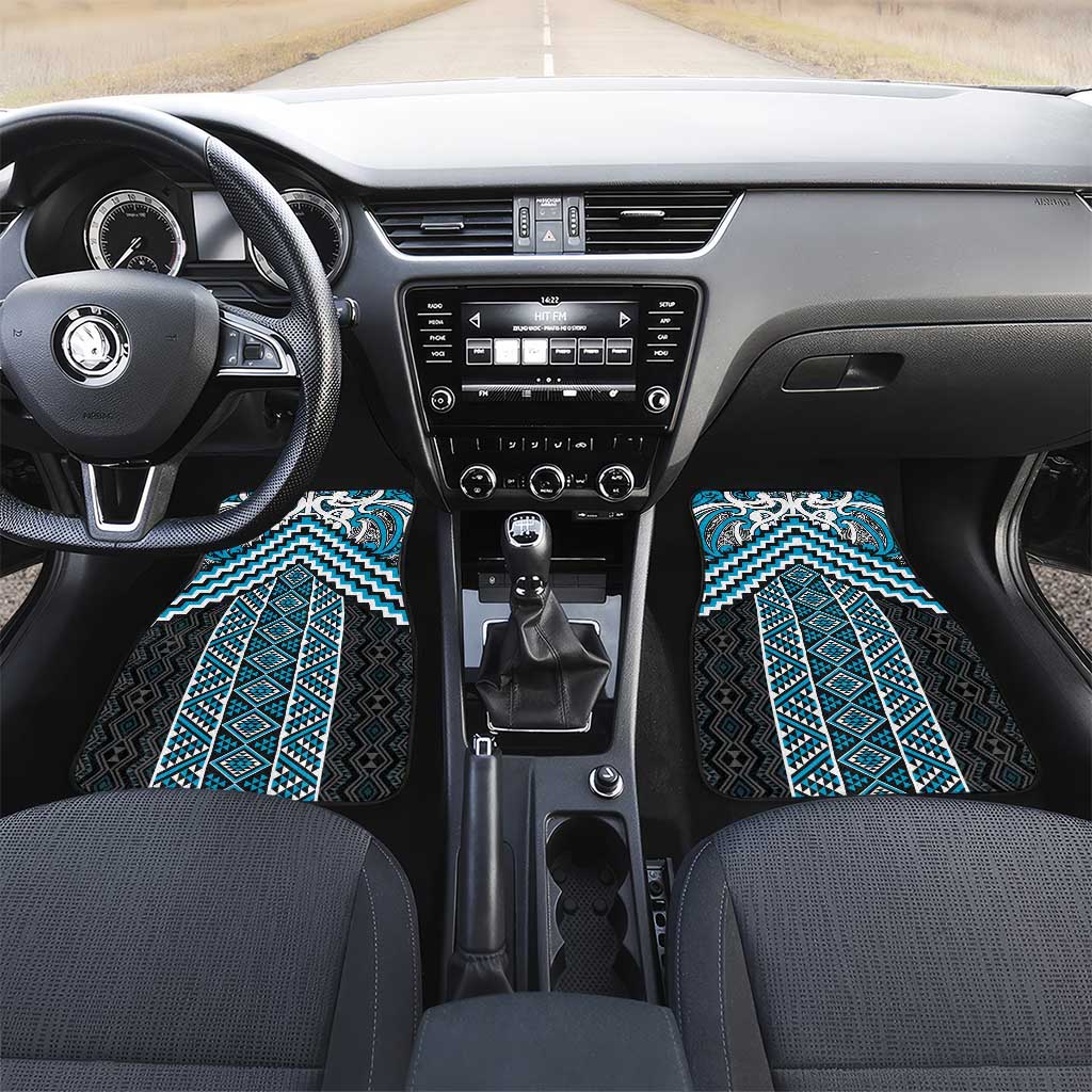 Maori Tukutuku Taniko Motifs Car Mats Turquoise Poutama Mix Kowhaiwhai LT7 Set 2pcs - Front Turquoise - Polynesian Pride