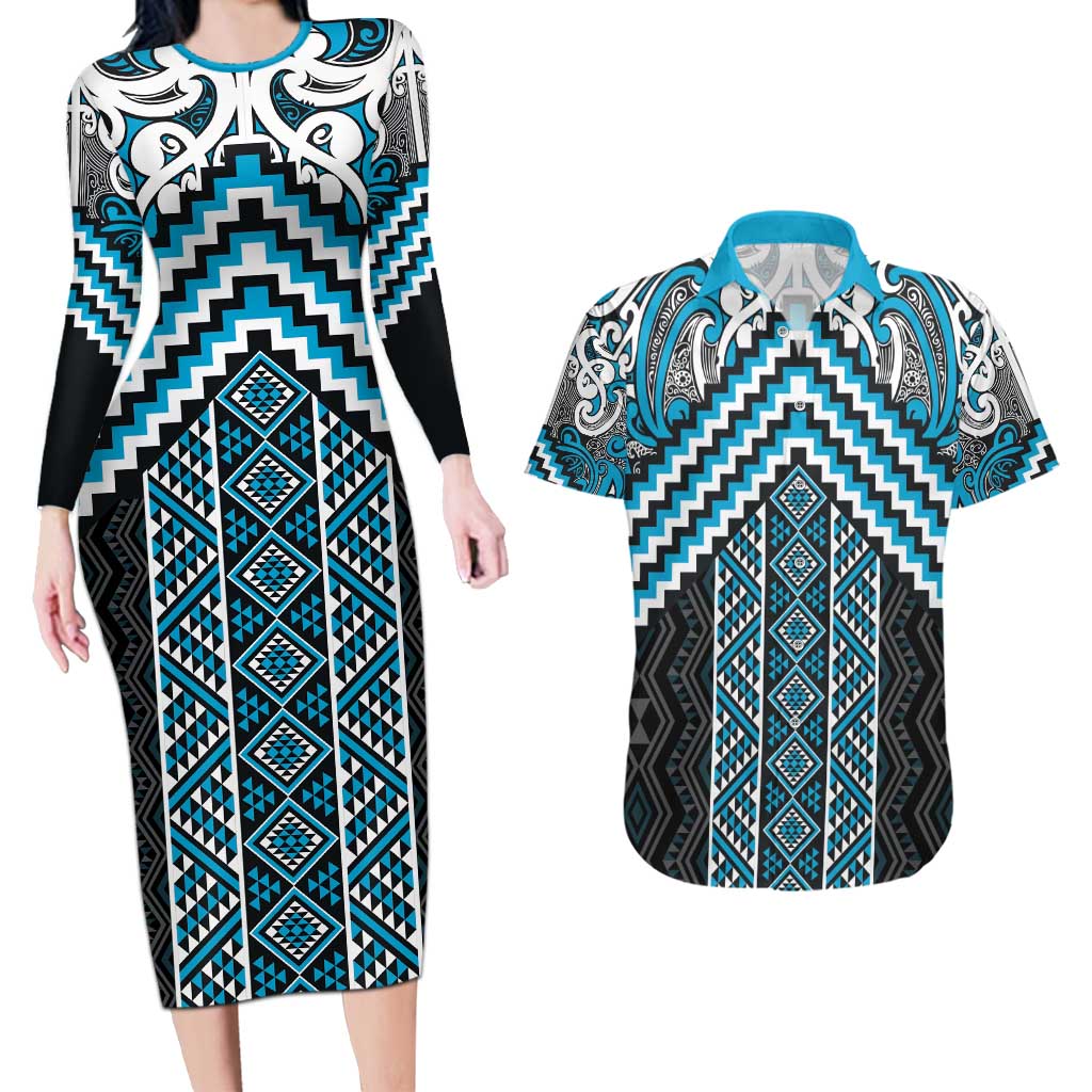 Maori Tukutuku Taniko Motifs Couples Matching Long Sleeve Bodycon Dress and Hawaiian Shirt Turquoise Poutama Mix Kowhaiwhai LT7 Turquoise - Polynesian Pride