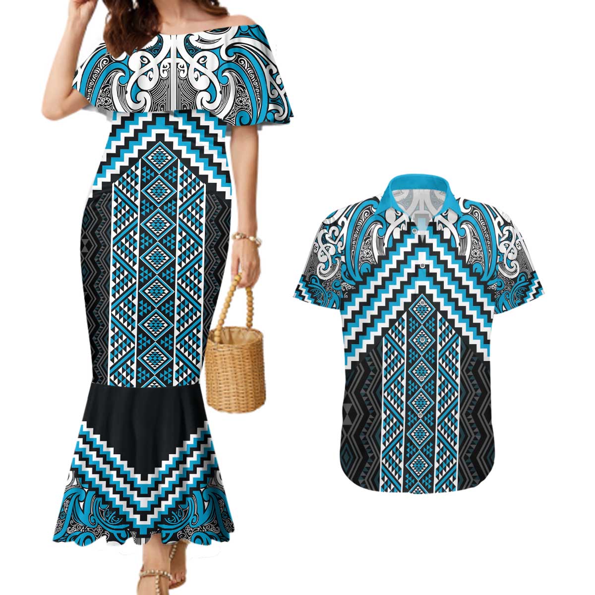 Maori Tukutuku Taniko Motifs Couples Matching Mermaid Dress and Hawaiian Shirt Turquoise Poutama Mix Kowhaiwhai LT7 Turquoise - Polynesian Pride