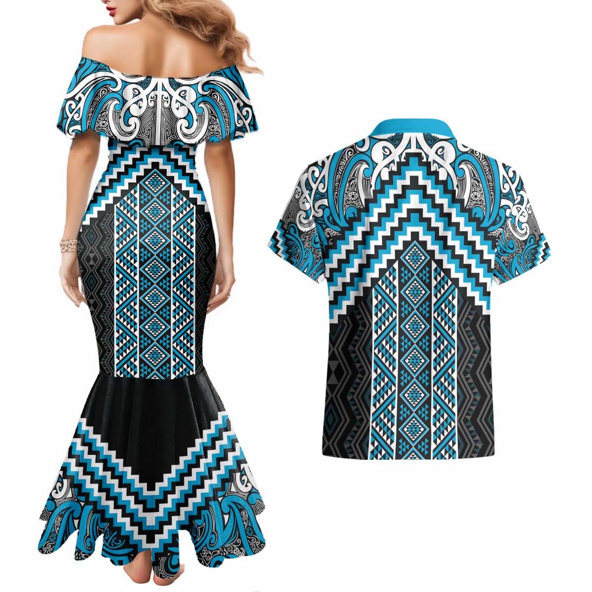 Maori Tukutuku Taniko Motifs Couples Matching Mermaid Dress and Hawaiian Shirt Turquoise Poutama Mix Kowhaiwhai LT7 - Polynesian Pride