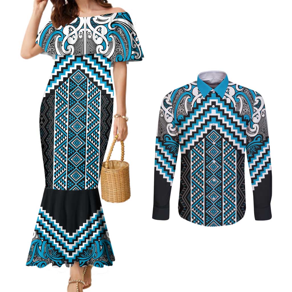 Maori Tukutuku Taniko Motifs Couples Matching Mermaid Dress and Long Sleeve Button Shirt Turquoise Poutama Mix Kowhaiwhai LT7 Turquoise - Polynesian Pride