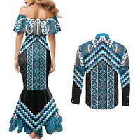 Maori Tukutuku Taniko Motifs Couples Matching Mermaid Dress and Long Sleeve Button Shirt Turquoise Poutama Mix Kowhaiwhai LT7 - Polynesian Pride