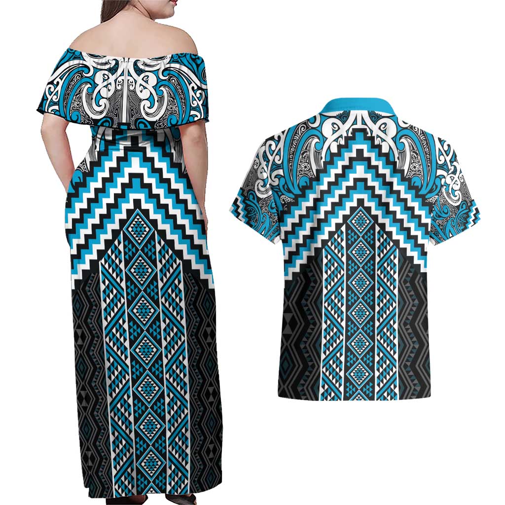 Maori Tukutuku Taniko Motifs Couples Matching Off Shoulder Maxi Dress and Hawaiian Shirt Turquoise Poutama Mix Kowhaiwhai LT7 - Polynesian Pride