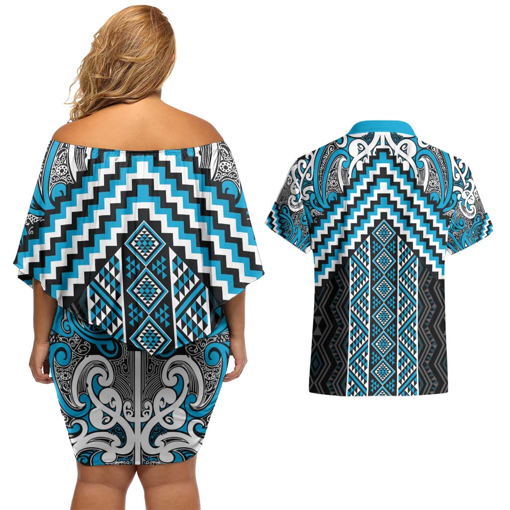 Maori Tukutuku Taniko Motifs Couples Matching Off Shoulder Short Dress and Hawaiian Shirt Turquoise Poutama Mix Kowhaiwhai LT7 - Polynesian Pride