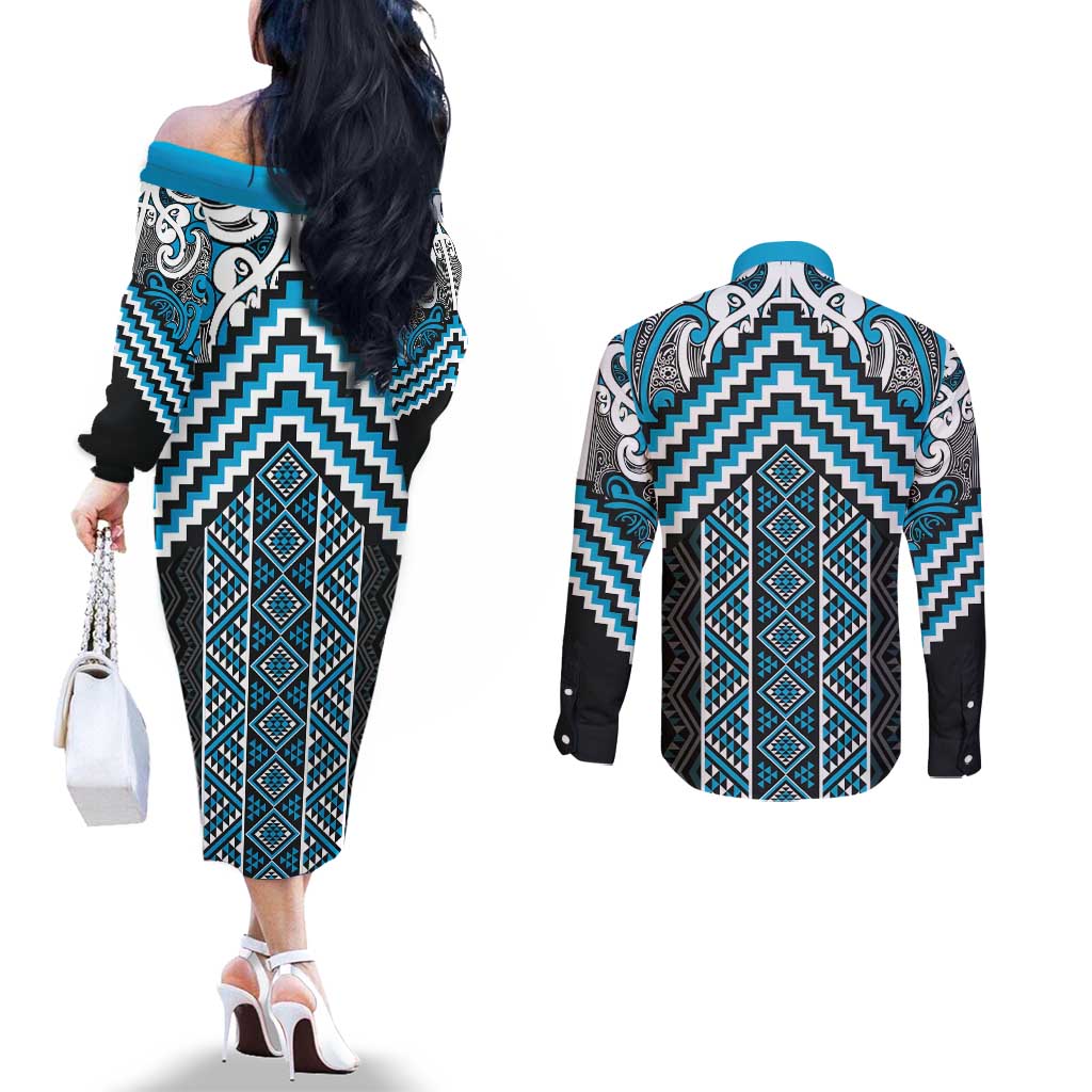 Maori Tukutuku Taniko Motifs Couples Matching Off The Shoulder Long Sleeve Dress and Long Sleeve Button Shirt Turquoise Poutama Mix Kowhaiwhai LT7 - Polynesian Pride