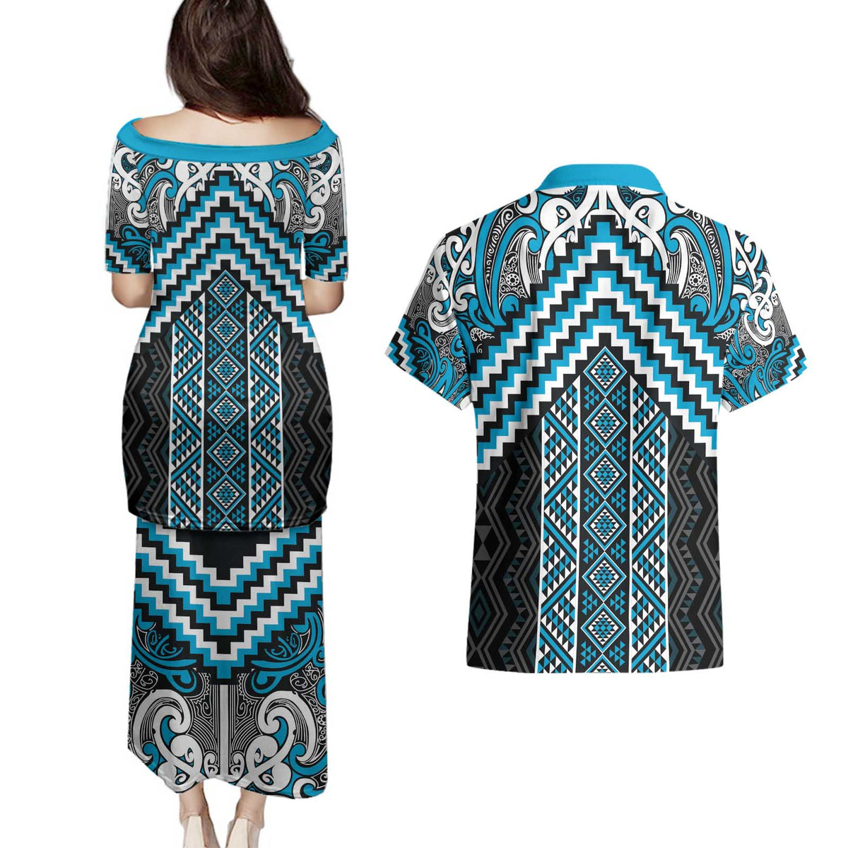 Maori Tukutuku Taniko Motifs Couples Matching Puletasi and Hawaiian Shirt Turquoise Poutama Mix Kowhaiwhai LT7 - Polynesian Pride