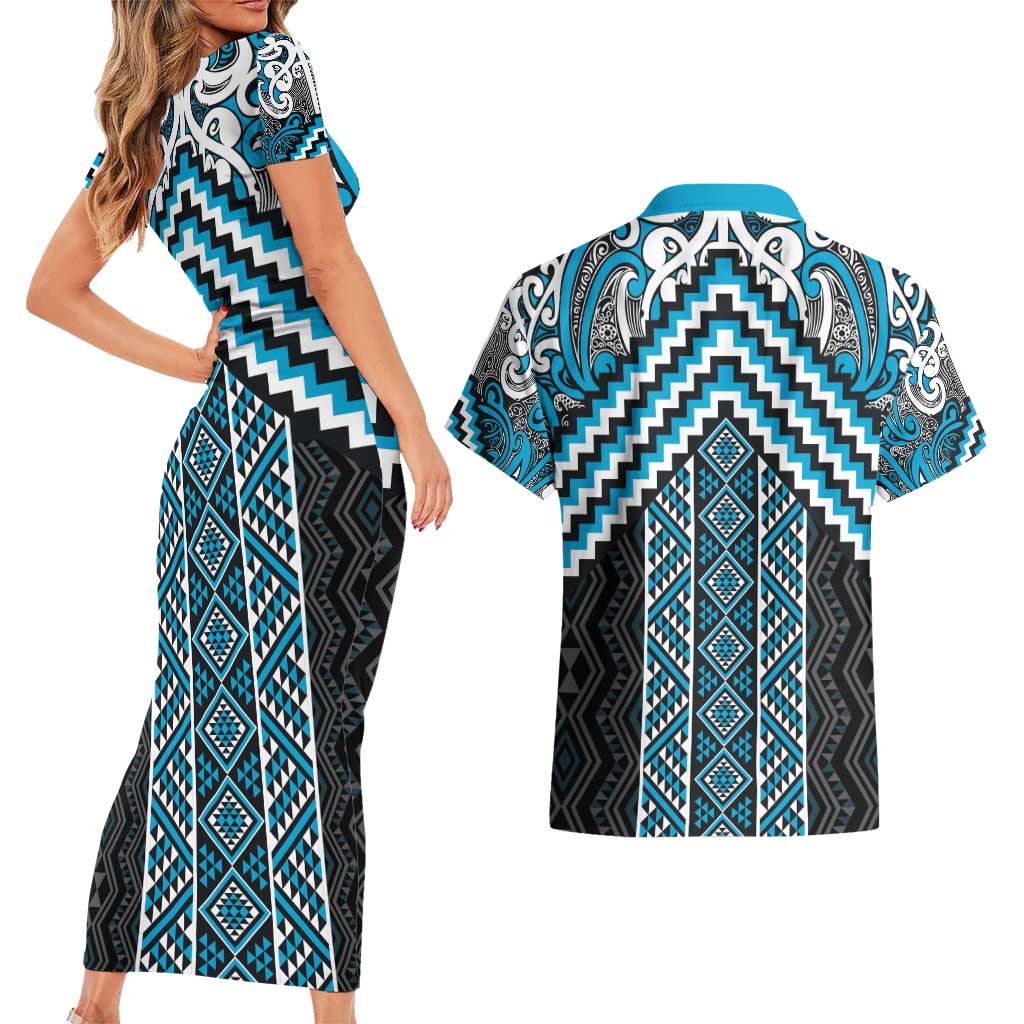 Maori Tukutuku Taniko Motifs Couples Matching Short Sleeve Bodycon Dress and Hawaiian Shirt Turquoise Poutama Mix Kowhaiwhai LT7 - Polynesian Pride