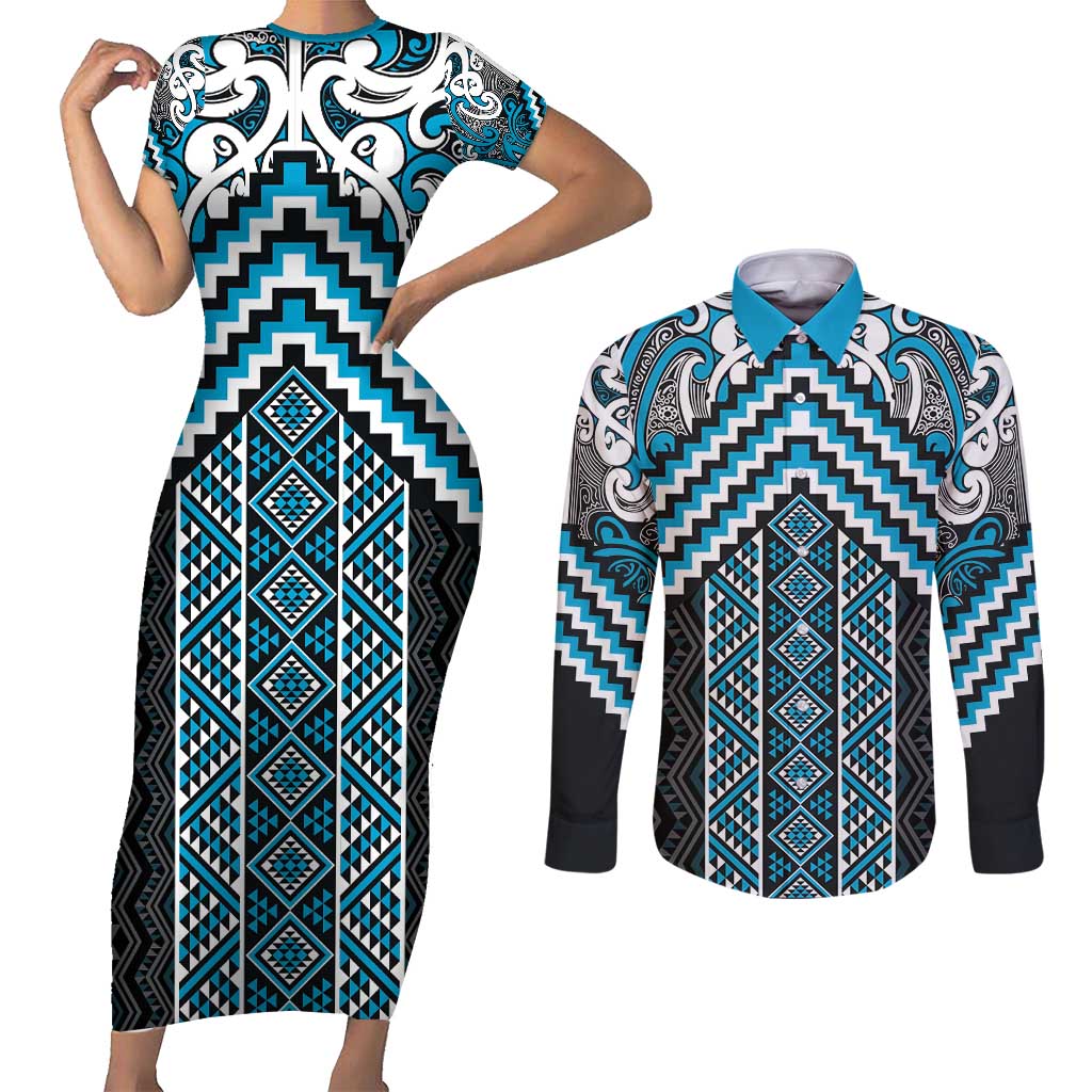 Maori Tukutuku Taniko Motifs Couples Matching Short Sleeve Bodycon Dress and Long Sleeve Button Shirt Turquoise Poutama Mix Kowhaiwhai LT7 Turquoise - Polynesian Pride