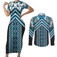 Maori Tukutuku Taniko Motifs Couples Matching Short Sleeve Bodycon Dress and Long Sleeve Button Shirt Turquoise Poutama Mix Kowhaiwhai LT7 Turquoise - Polynesian Pride