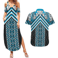 Maori Tukutuku Taniko Motifs Couples Matching Summer Maxi Dress and Hawaiian Shirt Turquoise Poutama Mix Kowhaiwhai LT7 Turquoise - Polynesian Pride