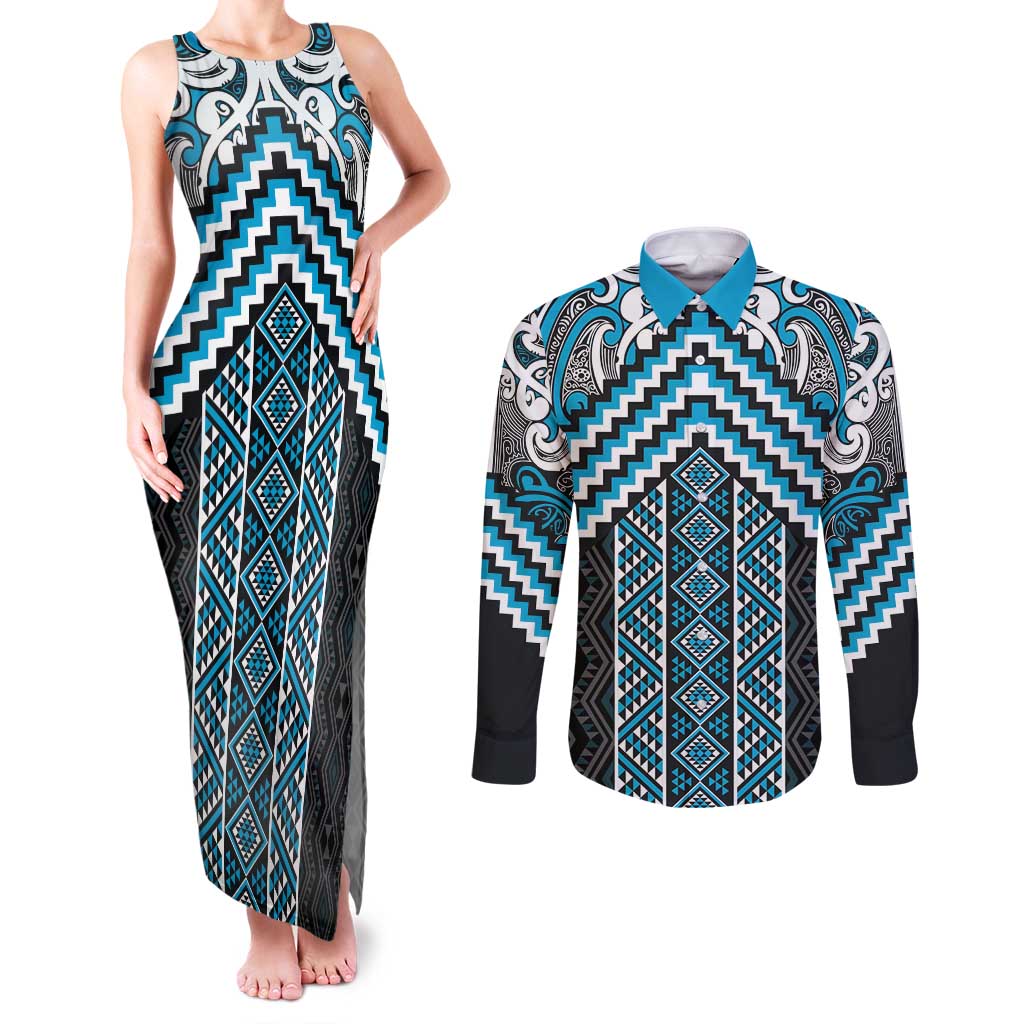 Maori Tukutuku Taniko Motifs Couples Matching Tank Maxi Dress and Long Sleeve Button Shirt Turquoise Poutama Mix Kowhaiwhai