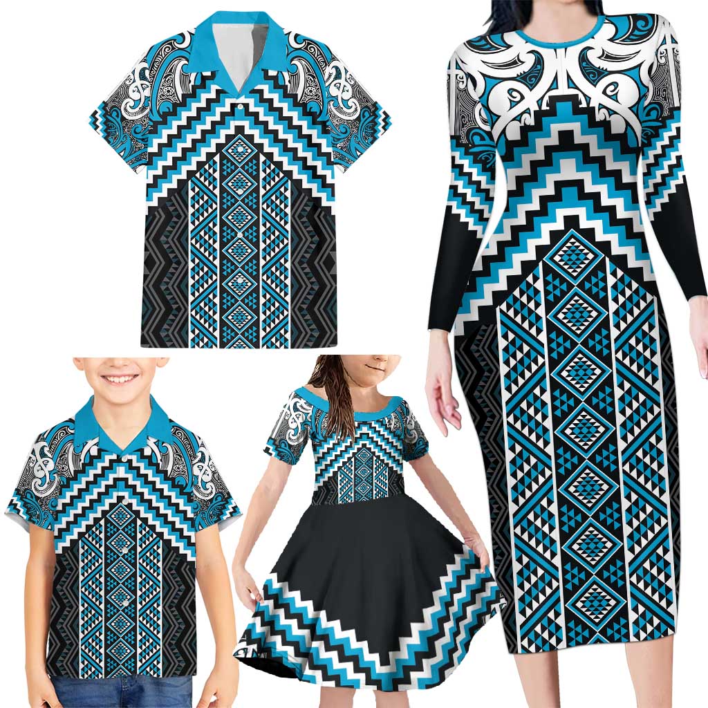 Maori Tukutuku Taniko Motifs Family Matching Long Sleeve Bodycon Dress and Hawaiian Shirt Turquoise Poutama Mix Kowhaiwhai LT7 - Polynesian Pride