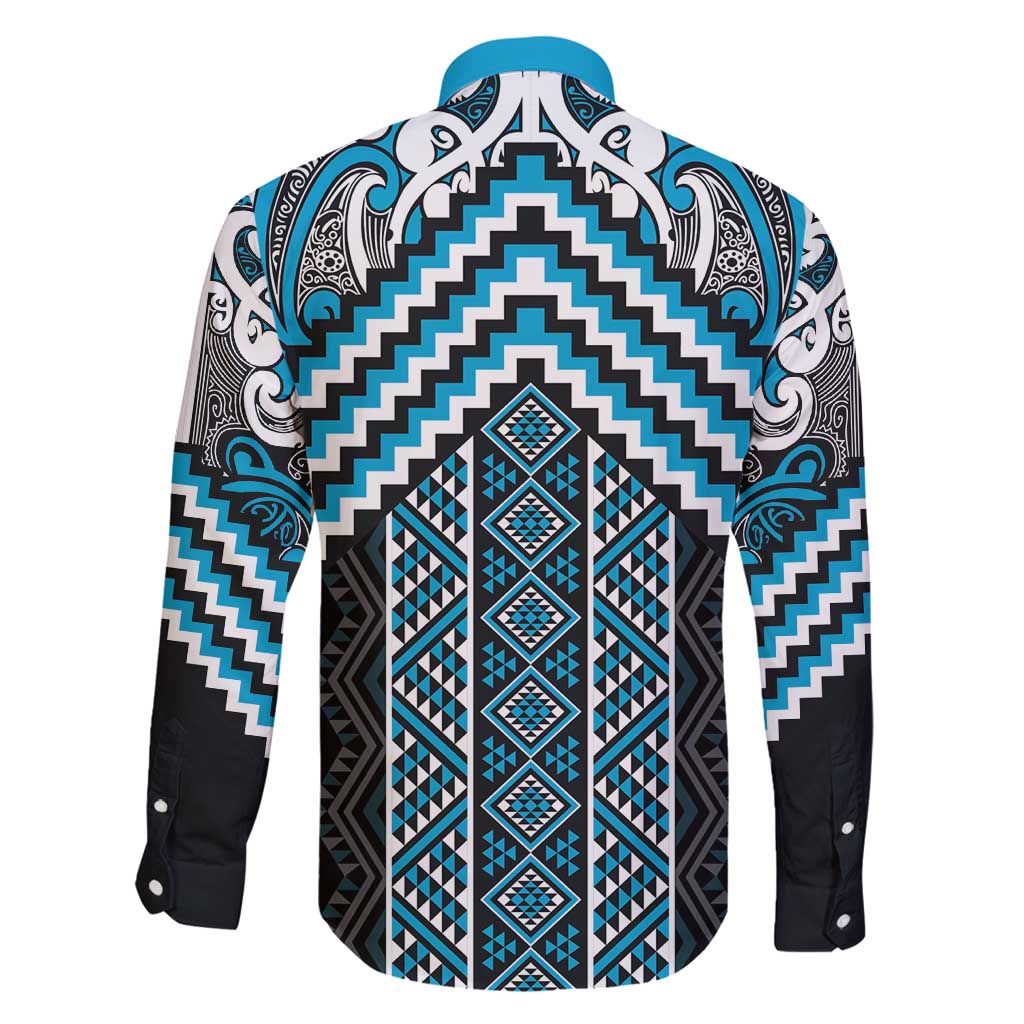 Maori Tukutuku Taniko Motifs Family Matching Long Sleeve Bodycon Dress and Hawaiian Shirt Turquoise Poutama Mix Kowhaiwhai LT7 - Polynesian Pride