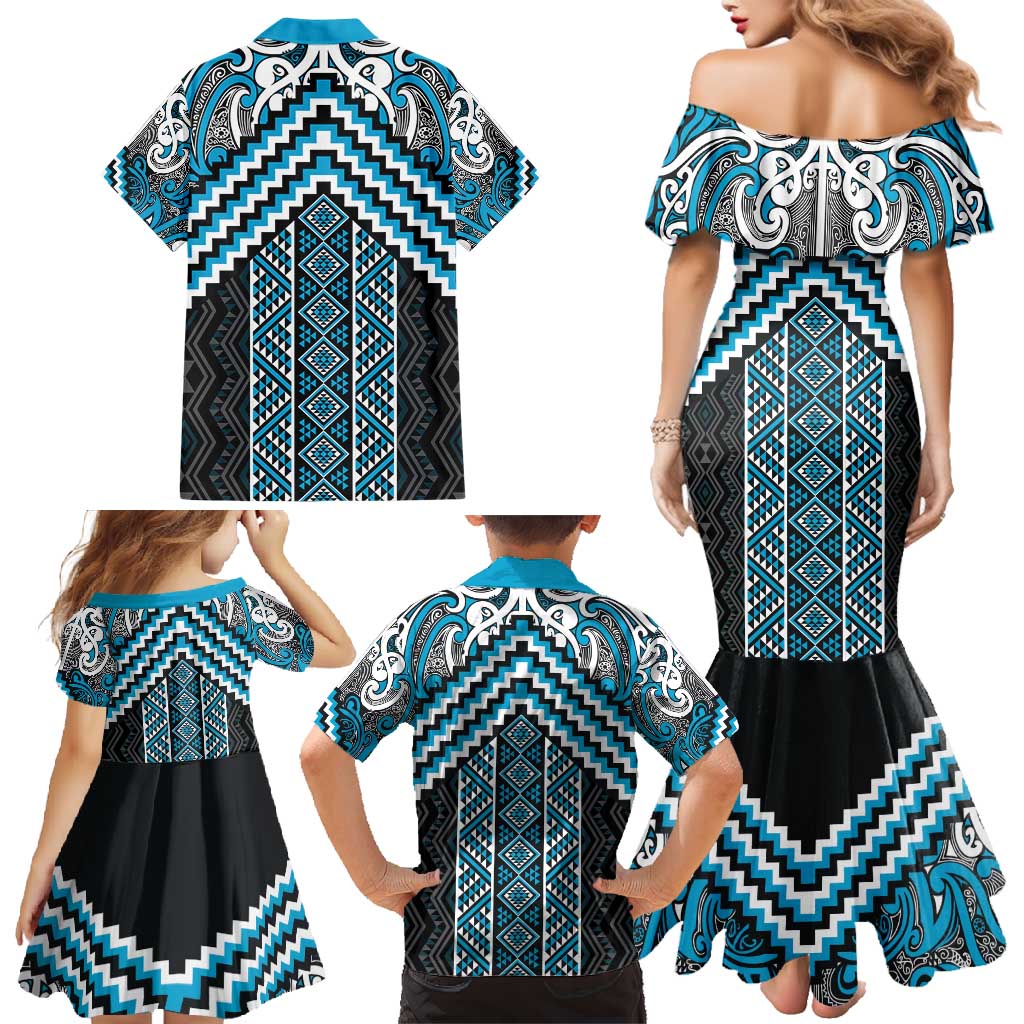 Maori Tukutuku Taniko Motifs Family Matching Mermaid Dress and Hawaiian Shirt Turquoise Poutama Mix Kowhaiwhai LT7 - Polynesian Pride