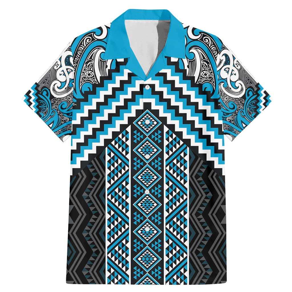 Maori Tukutuku Taniko Motifs Family Matching Mermaid Dress and Hawaiian Shirt Turquoise Poutama Mix Kowhaiwhai LT7 Dad's Shirt - Short Sleeve Turquoise - Polynesian Pride