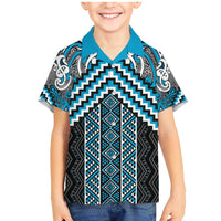 Maori Tukutuku Taniko Motifs Family Matching Mermaid Dress and Hawaiian Shirt Turquoise Poutama Mix Kowhaiwhai LT7 Son's Shirt Turquoise - Polynesian Pride