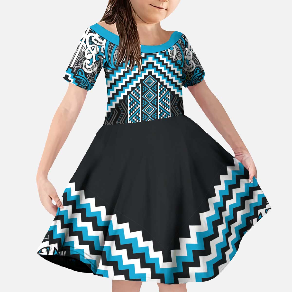 Maori Tukutuku Taniko Motifs Family Matching Off The Shoulder Long Sleeve Dress and Hawaiian Shirt Turquoise Poutama Mix Kowhaiwhai LT7 Daughter's Dress Turquoise - Polynesian Pride