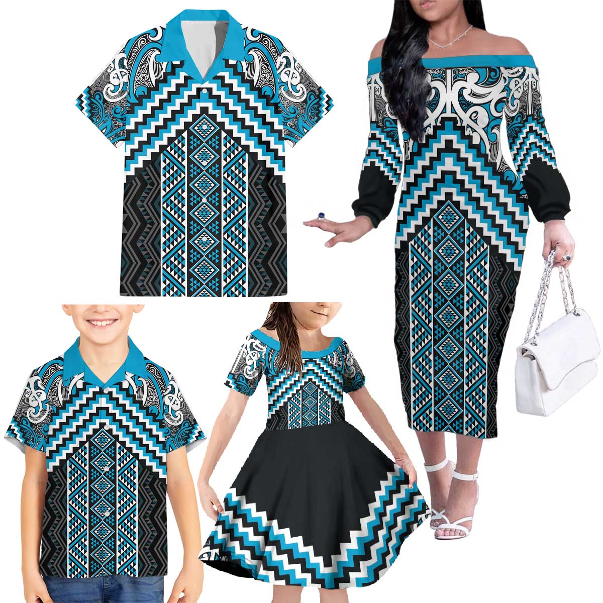 Maori Tukutuku Taniko Motifs Family Matching Off The Shoulder Long Sleeve Dress and Hawaiian Shirt Turquoise Poutama Mix Kowhaiwhai LT7 - Polynesian Pride