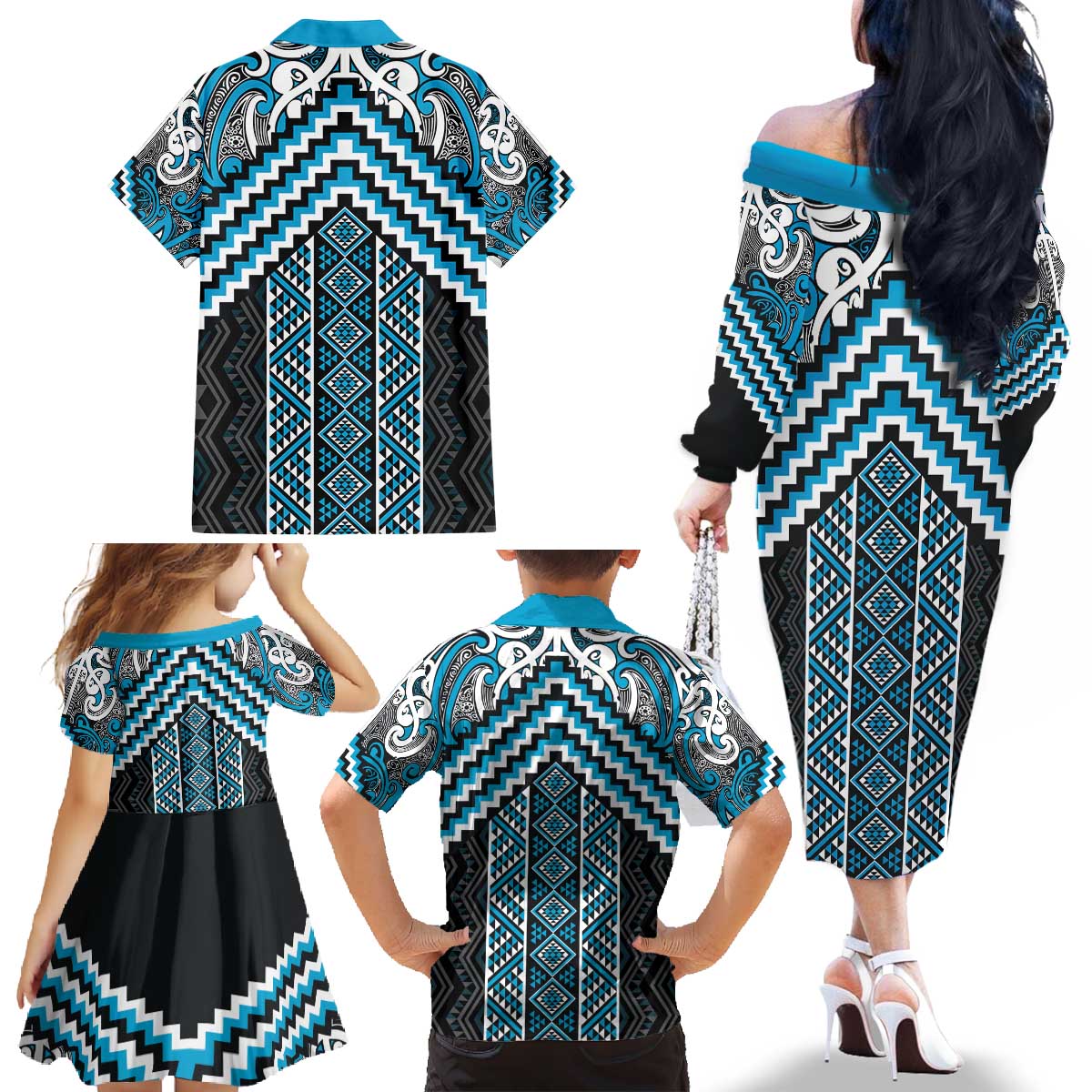 Maori Tukutuku Taniko Motifs Family Matching Off The Shoulder Long Sleeve Dress and Hawaiian Shirt Turquoise Poutama Mix Kowhaiwhai LT7 - Polynesian Pride