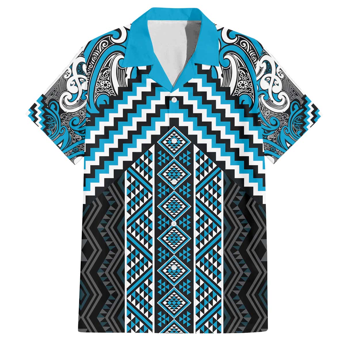 Maori Tukutuku Taniko Motifs Family Matching Off The Shoulder Long Sleeve Dress and Hawaiian Shirt Turquoise Poutama Mix Kowhaiwhai LT7 Dad's Shirt - Short Sleeve Turquoise - Polynesian Pride