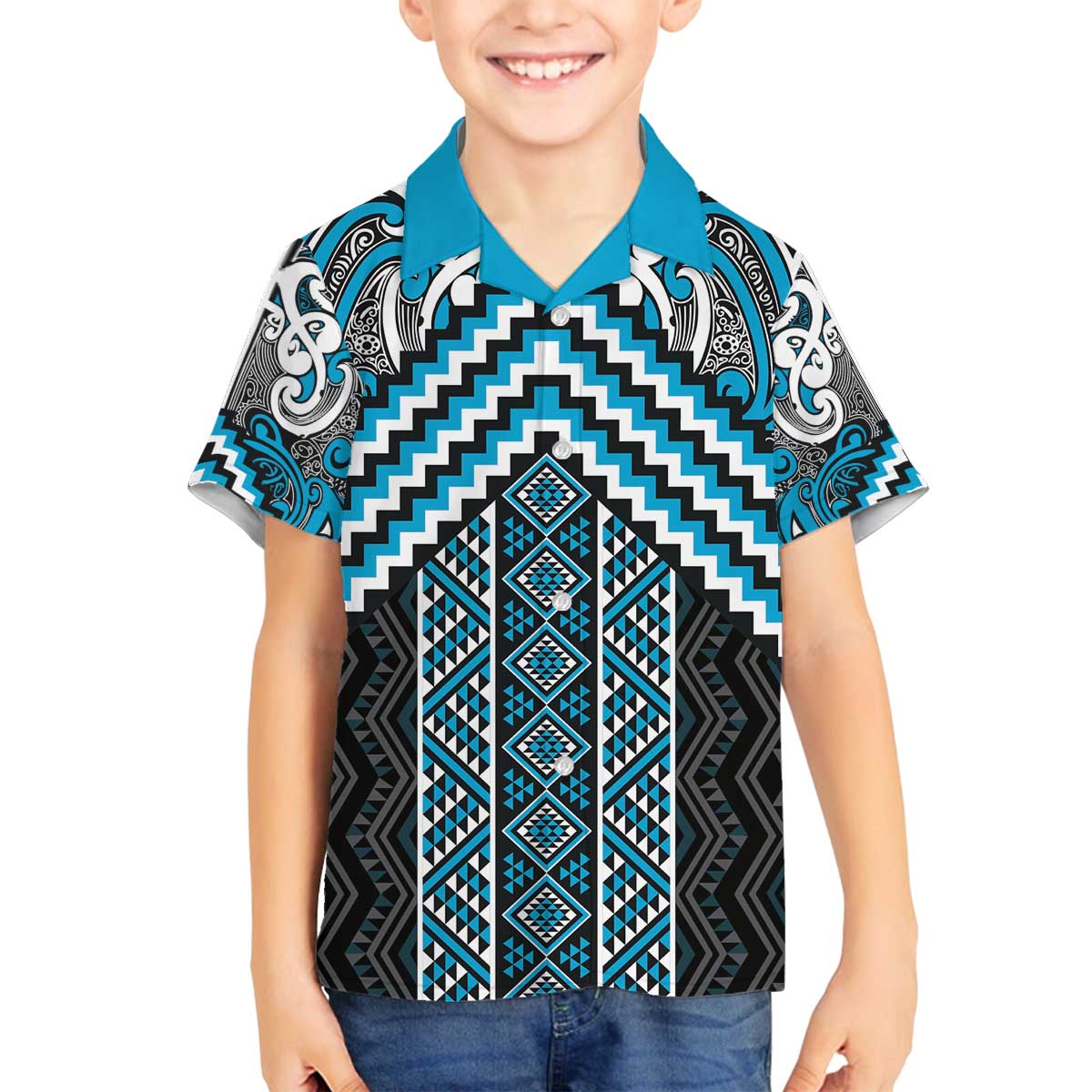Maori Tukutuku Taniko Motifs Family Matching Off The Shoulder Long Sleeve Dress and Hawaiian Shirt Turquoise Poutama Mix Kowhaiwhai LT7 Son's Shirt Turquoise - Polynesian Pride