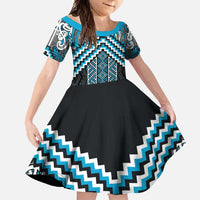 Maori Tukutuku Taniko Motifs Family Matching Off Shoulder Maxi Dress and Hawaiian Shirt Turquoise Poutama Mix Kowhaiwhai LT7 Daughter's Dress Turquoise - Polynesian Pride