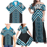 Maori Tukutuku Taniko Motifs Family Matching Off Shoulder Maxi Dress and Hawaiian Shirt Turquoise Poutama Mix Kowhaiwhai LT7 - Polynesian Pride