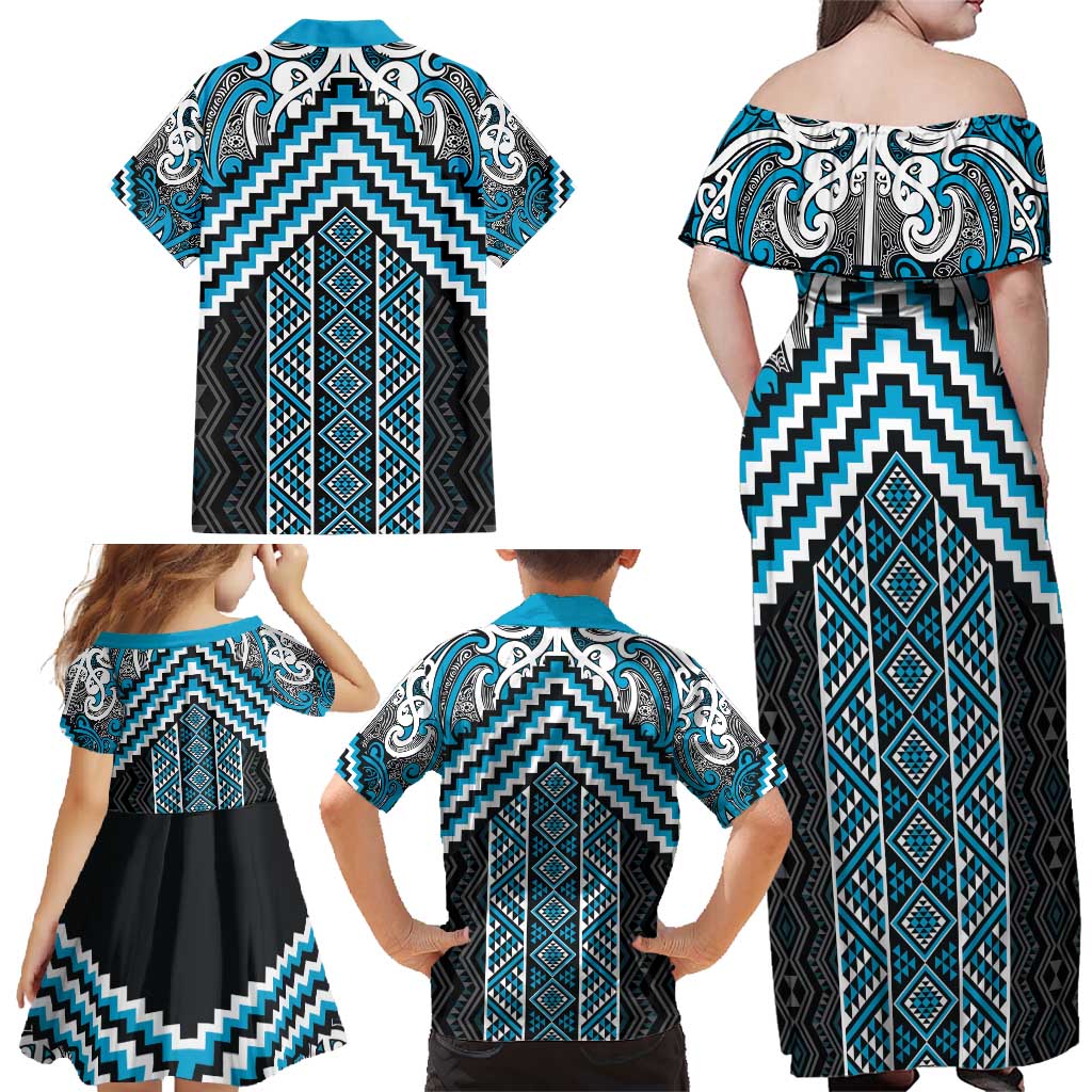 Maori Tukutuku Taniko Motifs Family Matching Off Shoulder Maxi Dress and Hawaiian Shirt Turquoise Poutama Mix Kowhaiwhai LT7 - Polynesian Pride
