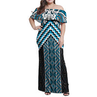 Maori Tukutuku Taniko Motifs Family Matching Off Shoulder Maxi Dress and Hawaiian Shirt Turquoise Poutama Mix Kowhaiwhai LT7 Mom's Dress Turquoise - Polynesian Pride