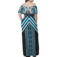 Maori Tukutuku Taniko Motifs Family Matching Off Shoulder Maxi Dress and Hawaiian Shirt Turquoise Poutama Mix Kowhaiwhai LT7 - Polynesian Pride
