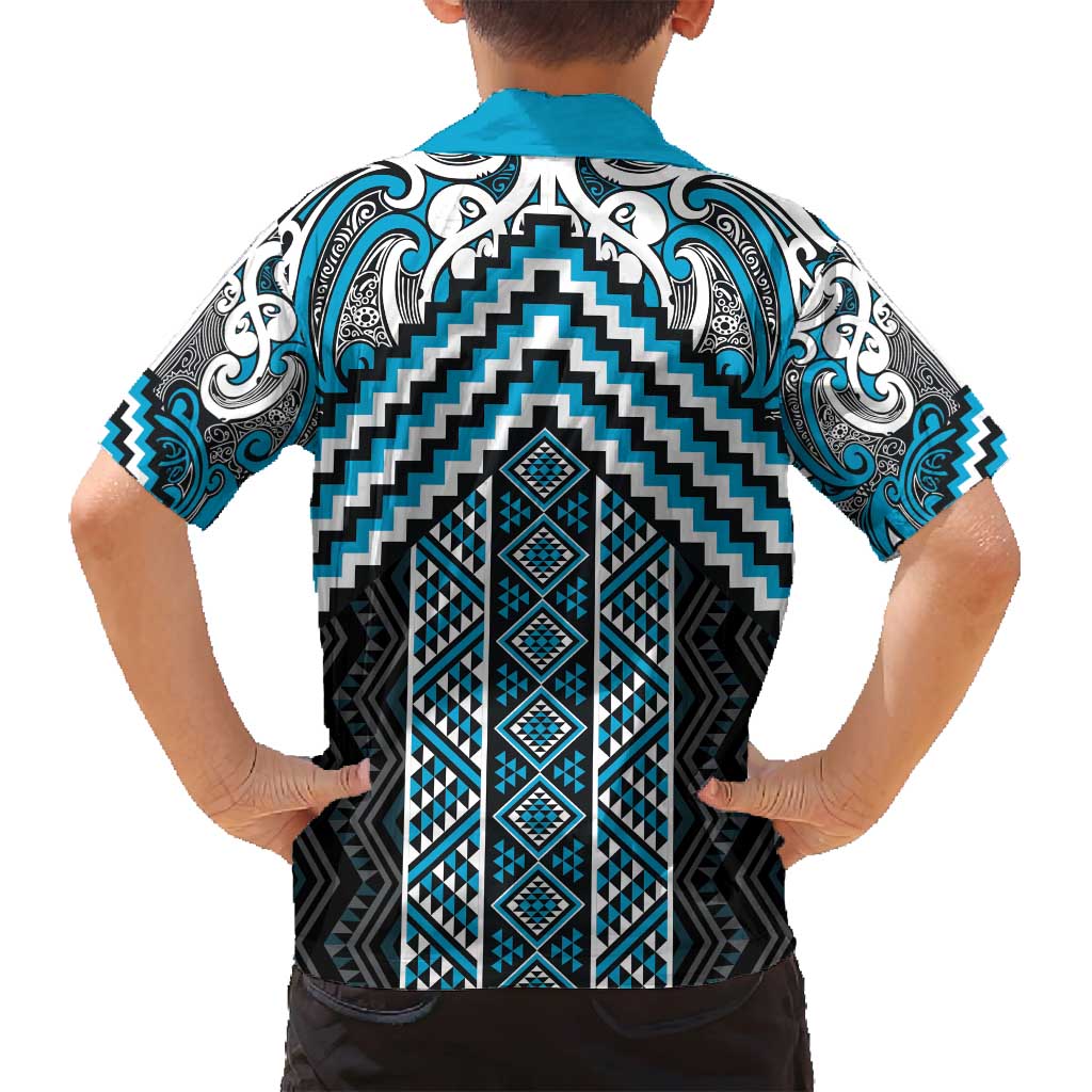 Maori Tukutuku Taniko Motifs Family Matching Off Shoulder Short Dress and Hawaiian Shirt Turquoise Poutama Mix Kowhaiwhai LT7 - Polynesian Pride