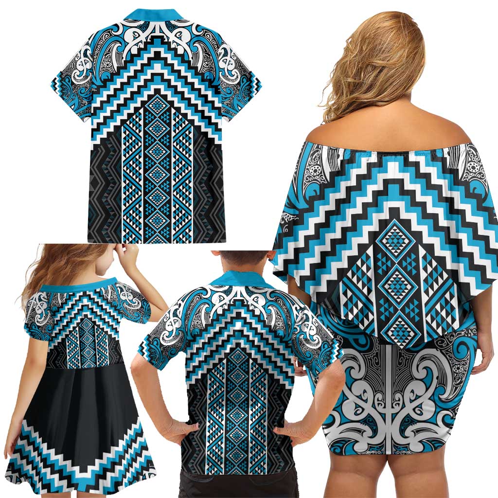 Maori Tukutuku Taniko Motifs Family Matching Off Shoulder Short Dress and Hawaiian Shirt Turquoise Poutama Mix Kowhaiwhai LT7 - Polynesian Pride