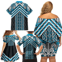 Maori Tukutuku Taniko Motifs Family Matching Off Shoulder Short Dress and Hawaiian Shirt Turquoise Poutama Mix Kowhaiwhai LT7 - Polynesian Pride