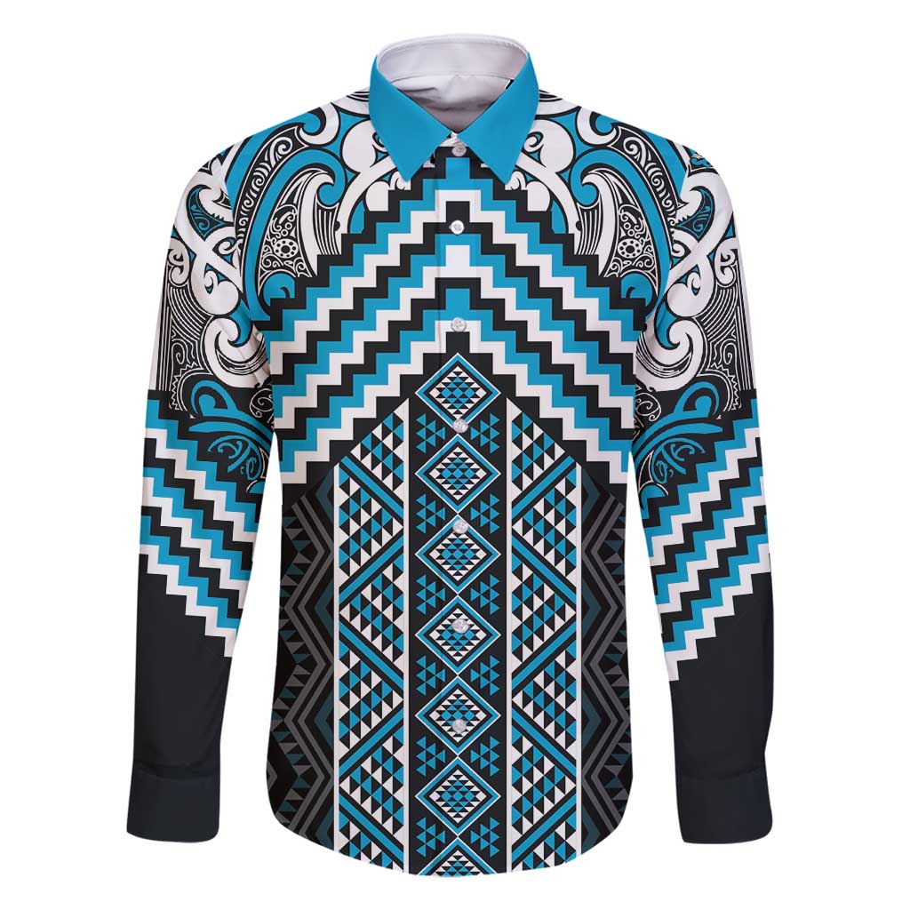 Maori Tukutuku Taniko Motifs Family Matching Off Shoulder Short Dress and Hawaiian Shirt Turquoise Poutama Mix Kowhaiwhai LT7 Dad's Shirt - Long Sleeve Turquoise - Polynesian Pride