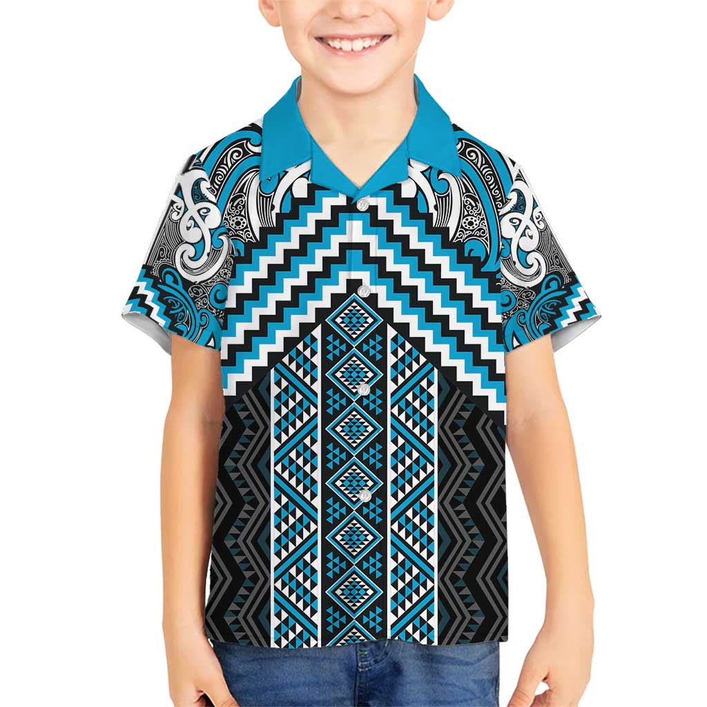 Maori Tukutuku Taniko Motifs Family Matching Off Shoulder Short Dress and Hawaiian Shirt Turquoise Poutama Mix Kowhaiwhai LT7 Son's Shirt Turquoise - Polynesian Pride